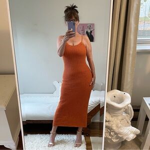 VINTAGE ORANGE KNIT MAXI DRESS ADJUSTABLE STRAPS LINED STRETCH PUMPKIN SPICE